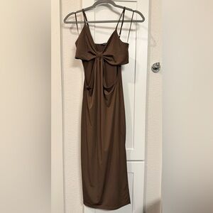 🤎 Ambiance Bow-Front Brown Midi Dress – Size M